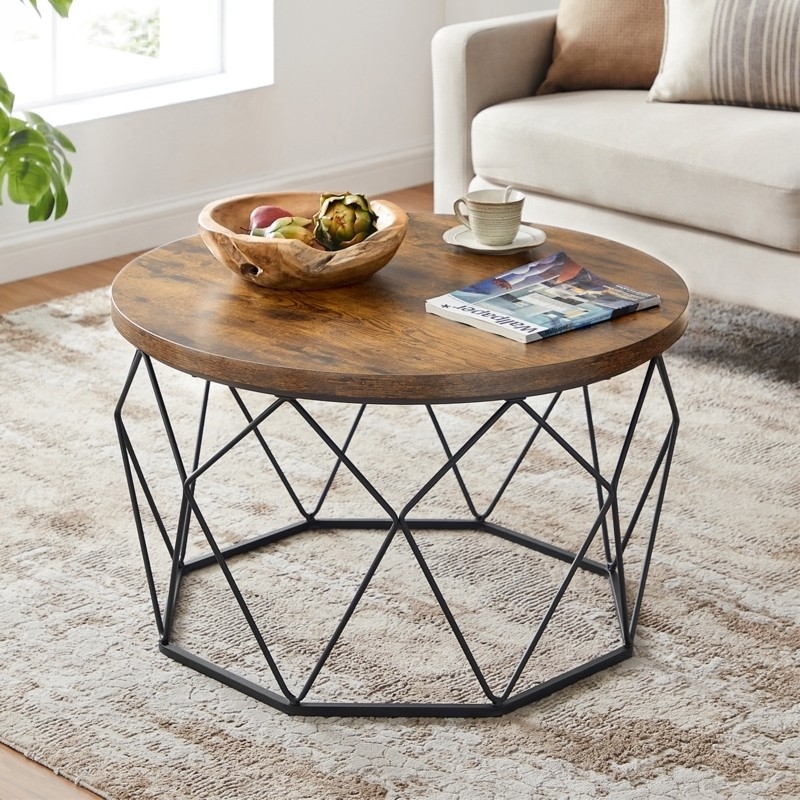 Round Coffee Table Geometric Wireframe Base Hexagonal Footprint Rustic