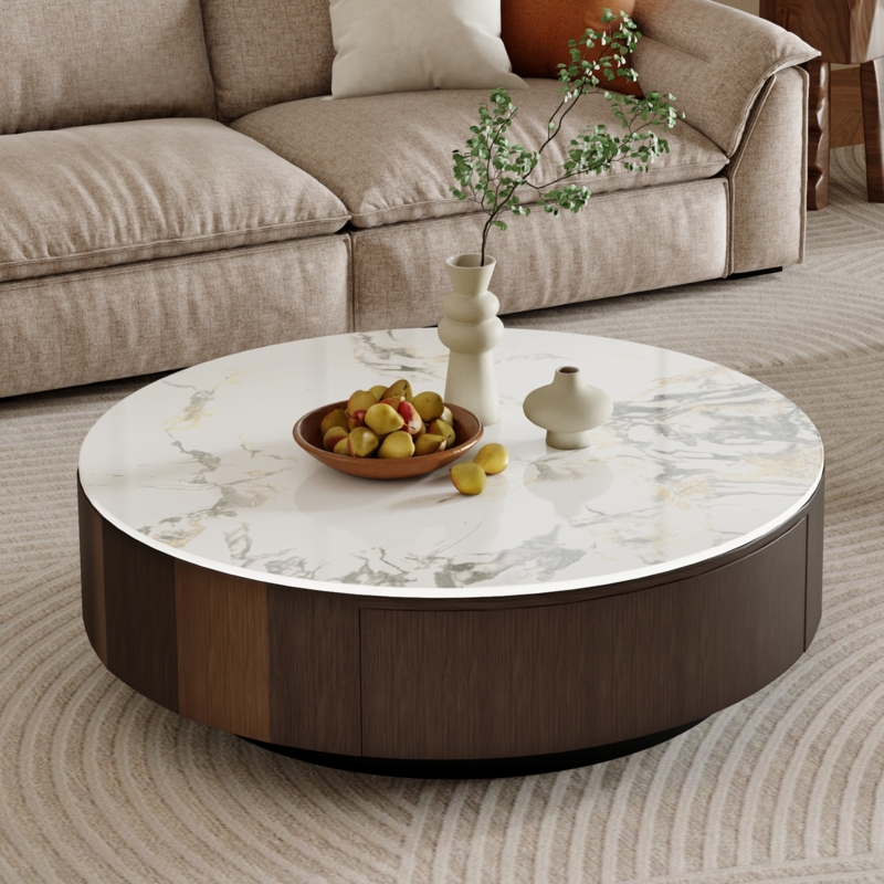 Round Coffee Table: Glossy White Stone Walnut Drum Base