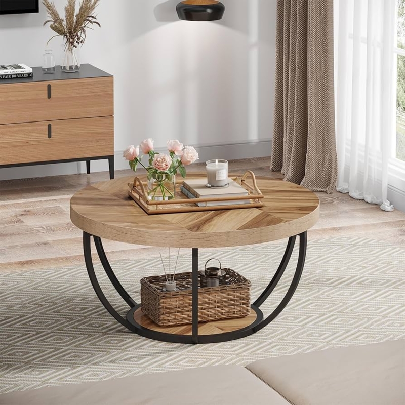 Round Coffee Table Herringbone Pattern Curved Metal Frame Two Tier Warm Brown