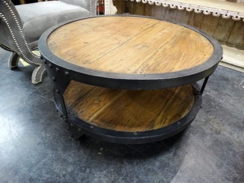 Round Coffee Table Industrial Rivets Caster Wheels Two Tier Warm Honey