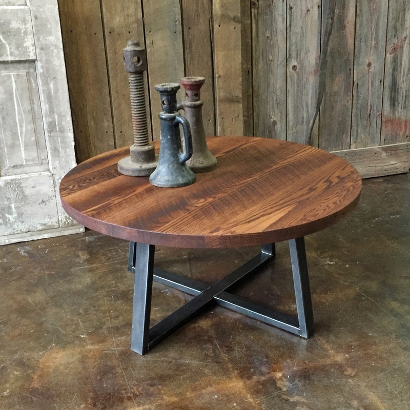 Round Coffee Table Industrial Walnut Top X-Base Frame Rustic Modern