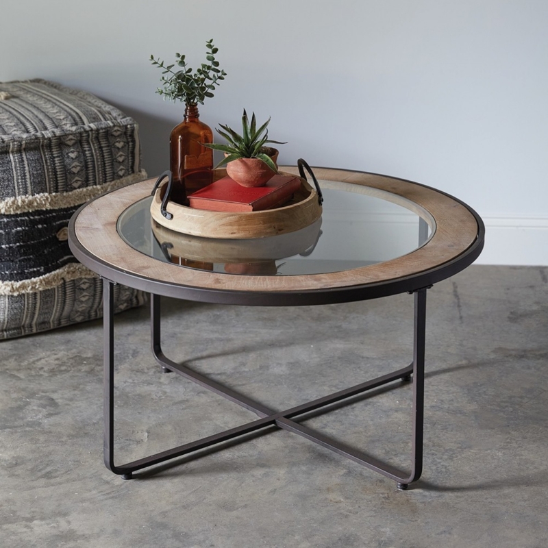 Round Coffee Table Inset Glass Top Wood Rimmed Circle Slender Cross Base