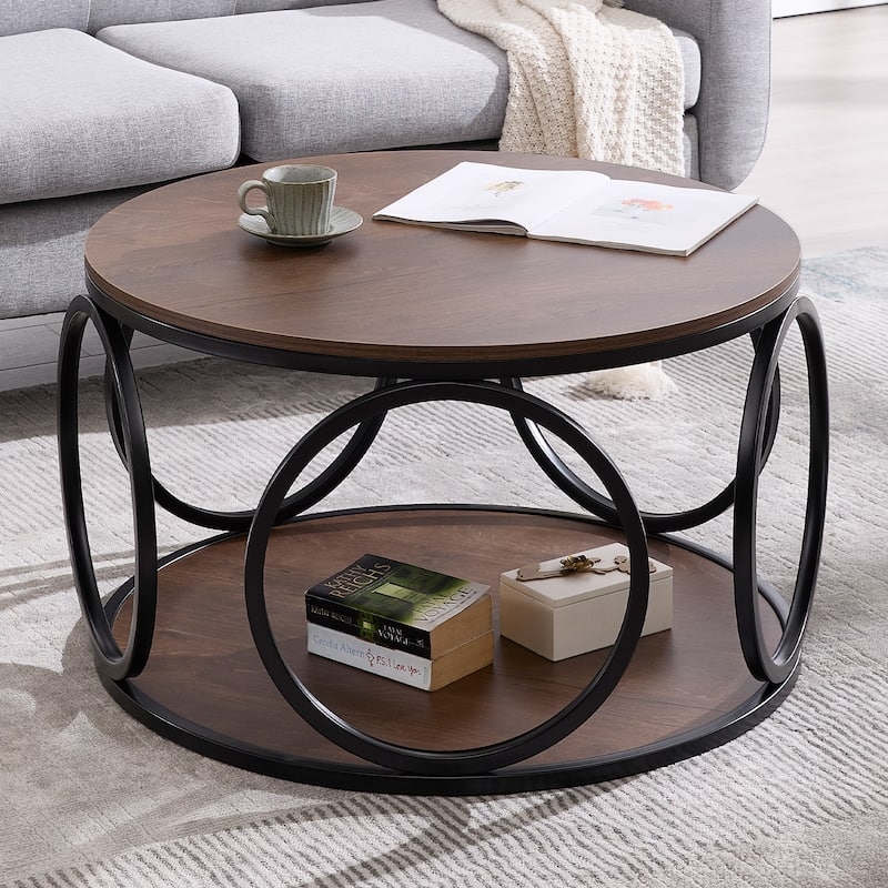 Round Coffee Table Interlocking Rings Base Two Tier Walnut Industrial Modern