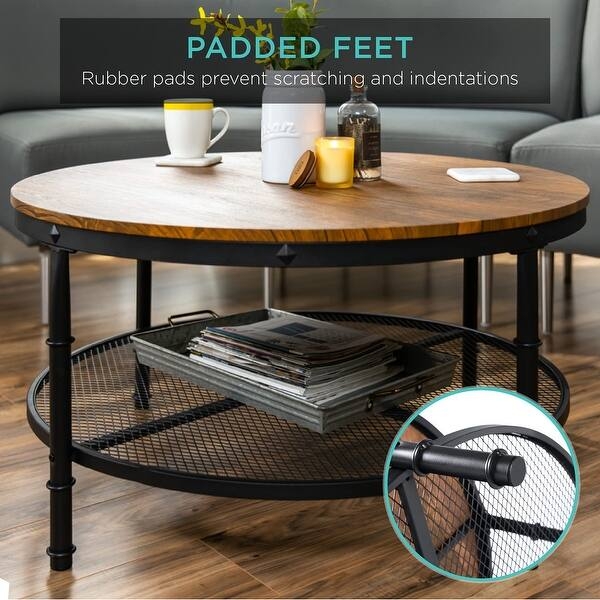 Round Coffee Table Mesh Shelf Two Tier Decorative Rivets Industrial Walnut
