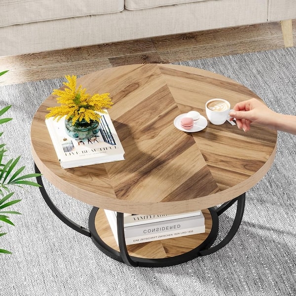 Round Coffee Table Natural Chevron Pattern Top Circular Metal Frame Two Tier