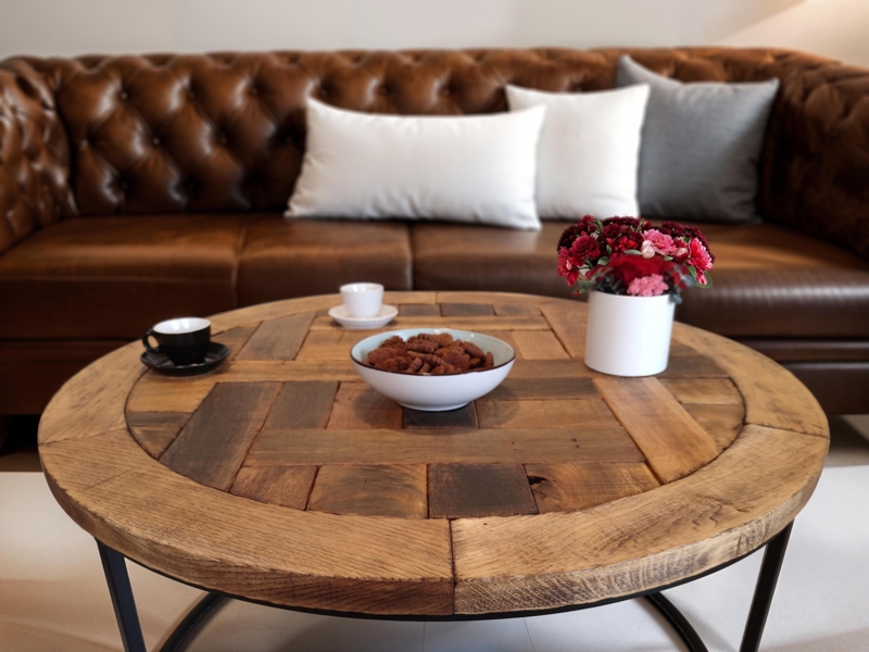 Round Coffee Table Parquet Pattern Wood Reclaimed Look Industrial Base Rustic