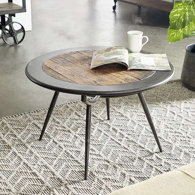 Round Coffee Table Planked Top Wide Metal Rim Tapered Legs Farmhouse