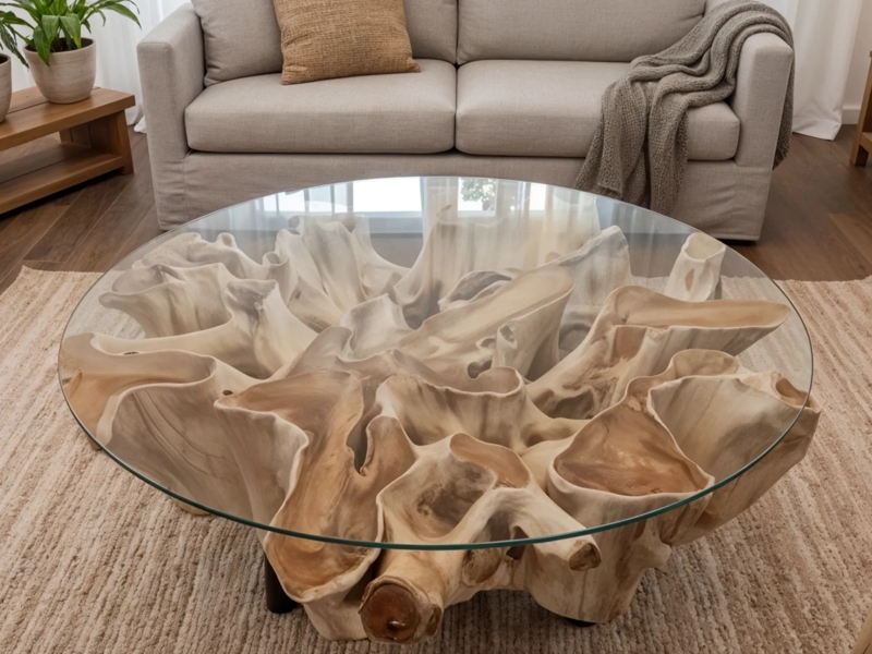 Round Coffee Table Sculptural Root Base Bleached Wood Glass Top