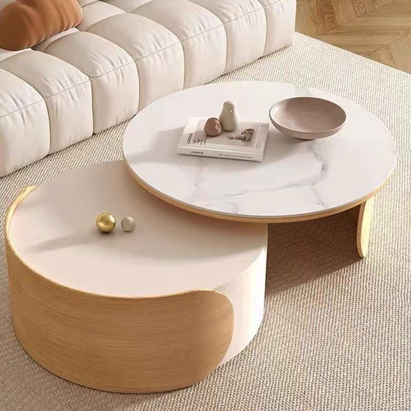 Round Coffee Table Set: Nesting Stone Top Curved Wood Base