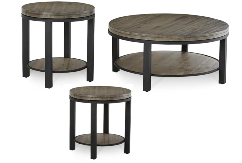 Round Coffee Table Set Washed Gray Finish Integrated Shelf Industrial