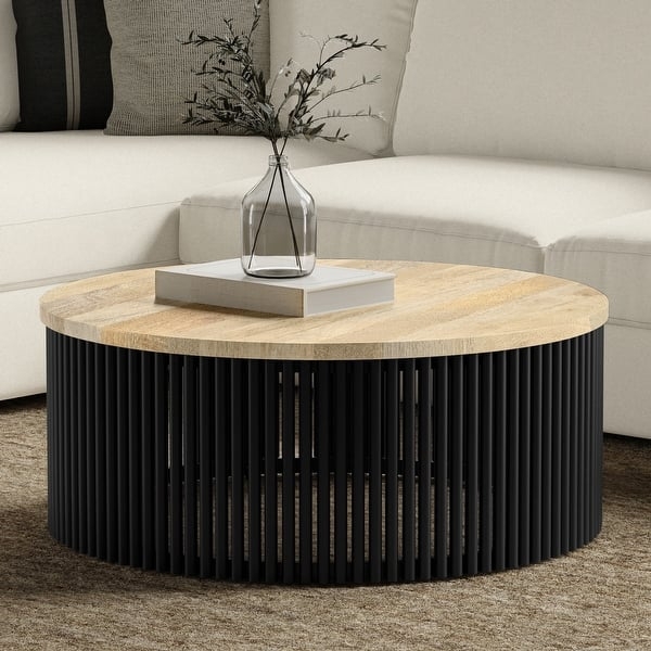 Round Coffee Table Slatted Base Cylindrical Drum Natural Wood Industrial
