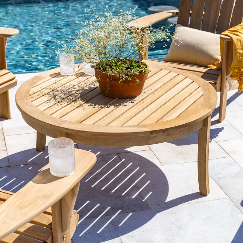 Round Coffee Table Slatted Top Curved Legs Thick Apron Coastal Teak Patio.