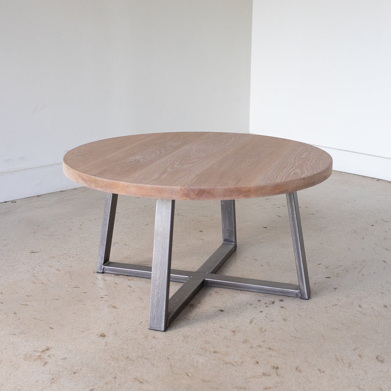 Round Coffee Table Thick Round Top Metal X-Base Industrial Welds Oak
