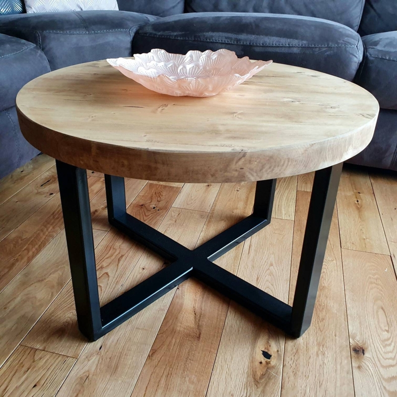 Round Coffee Table Thick Wood Top Matte Black X-Base Design Rustic