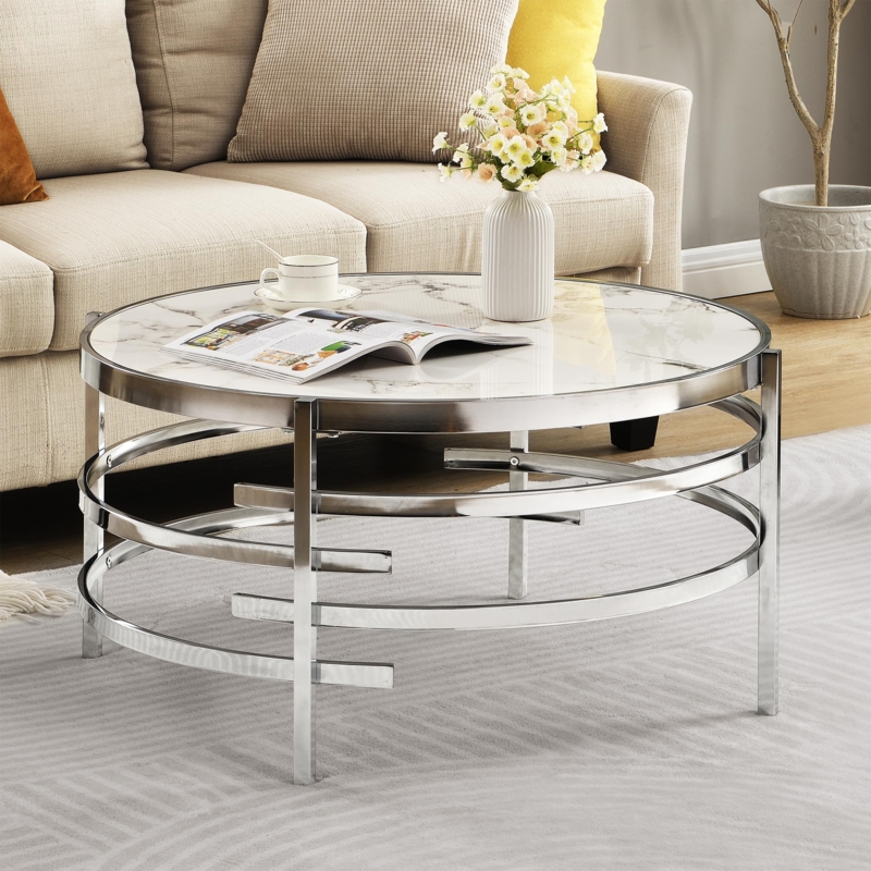 Round Coffee Table Tiered Ring Base Polished Silver Stone Top