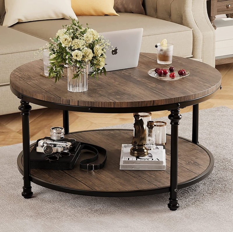 Round Coffee Table Two Tier Light Walnut Decorative Legs Industrial