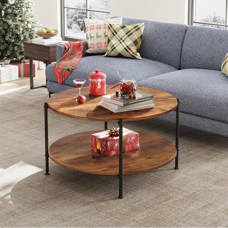 Round Coffee Table Two Tier Storage Walnut Toned Slim Legs Industrial Modern
