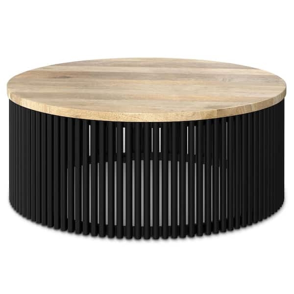 Round Coffee Table Vertical Slat Base Drum Silhouette Mixed Materials Modern