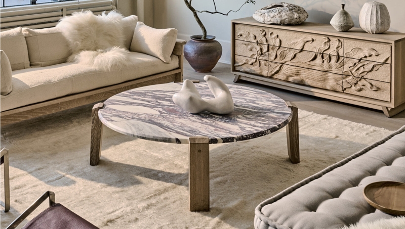 Round Coffee Table, Violet Veined Stone, Natural Wood Inset Legs.
