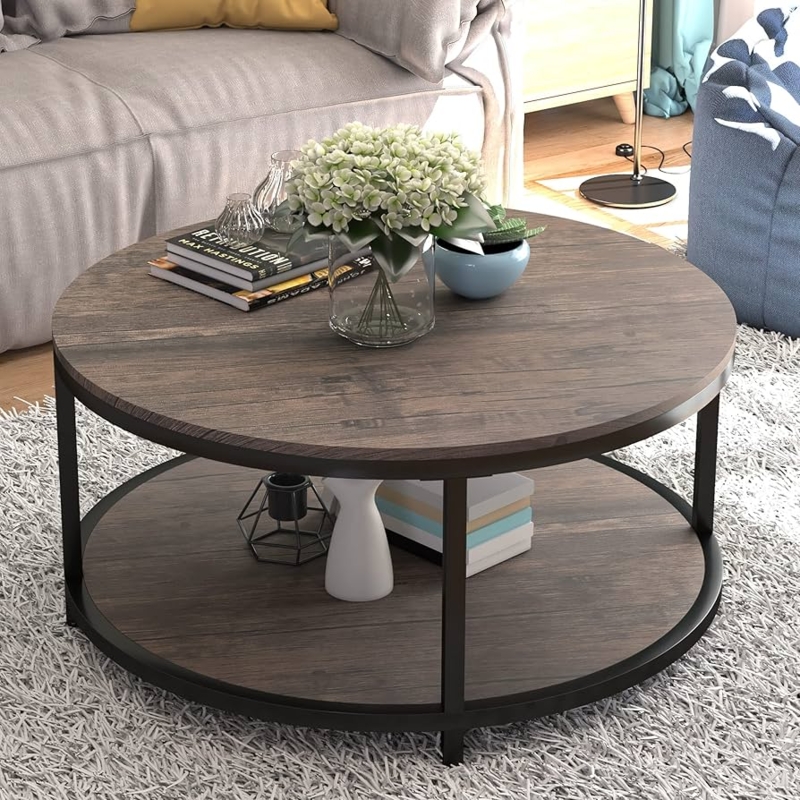 Round Coffee Table Walnut Wood Grain Laminate Circular Double Deck Modern