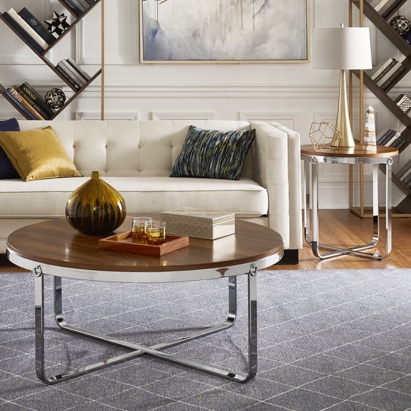 Round Coffee Table with Polished Chrome X-Base and Ring Accents