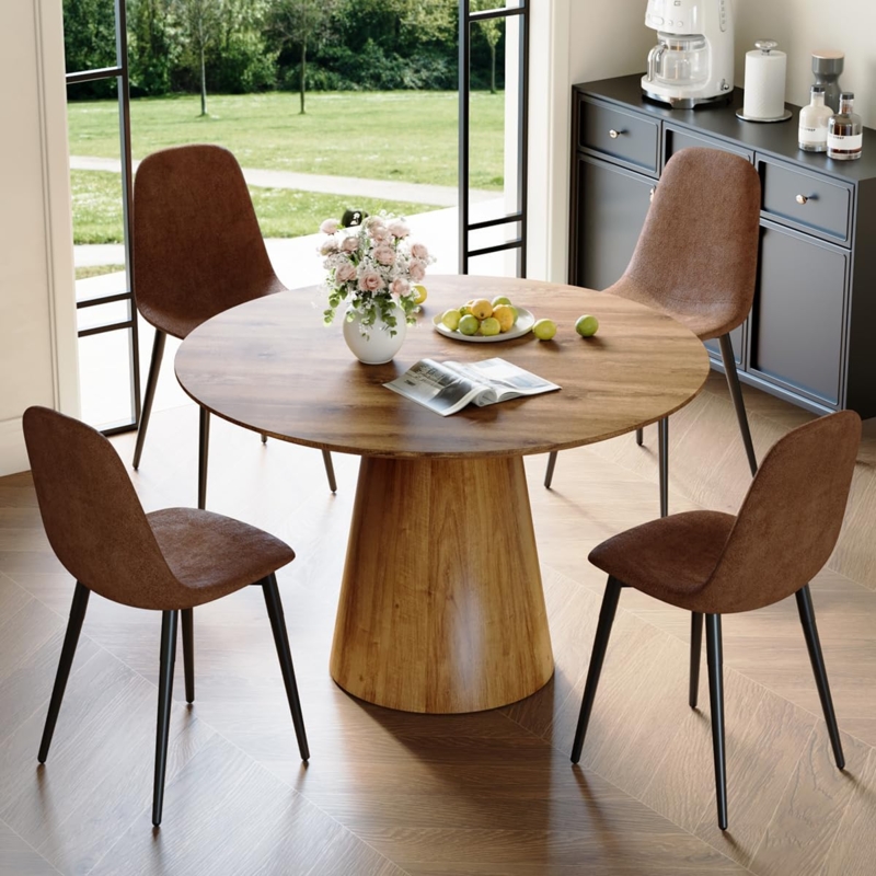 Round Dining Set Conical Pedestal Base Brown Upholstered Chairs