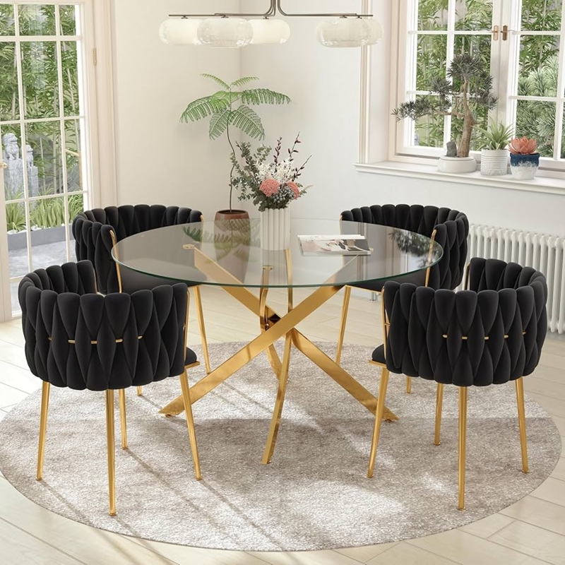 Round Dining Set: Gold Crisscross Base & Black Woven Back Chairs