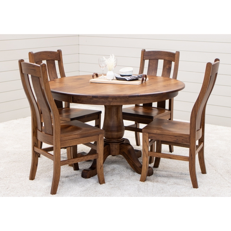 Round Dining Set Hickory Wood Grain Curved Slat Back Chairs