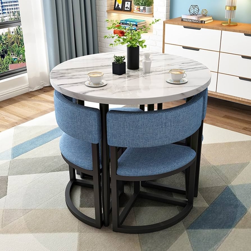 Round Dining Set Marble Pattern Top Nesting Blue Chairs