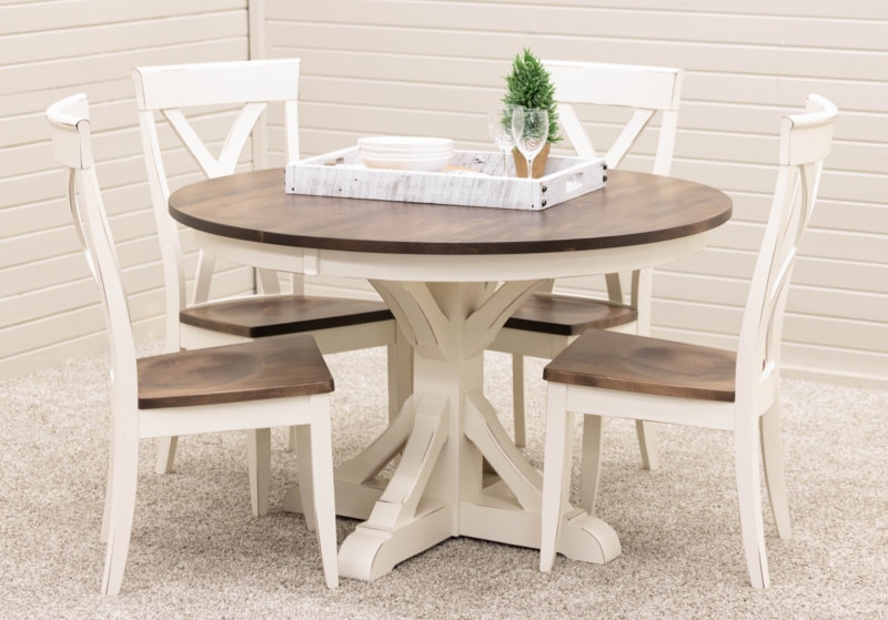Round Dining Set Two Tone Finish Pedestal Base X Back Chairs Cocoa Brown