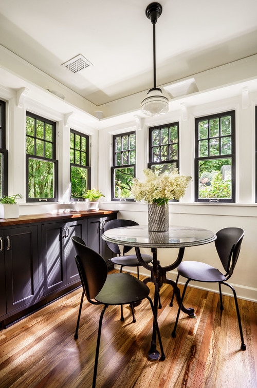 Round Dining Set with Stone-Like Table Top and Black Window Frames