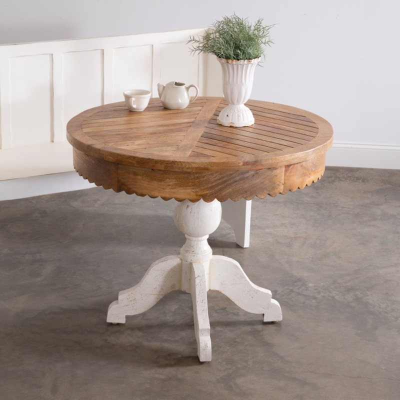 Round Dining Table Scalloped Apron Geometric Plank Pattern Two Tone