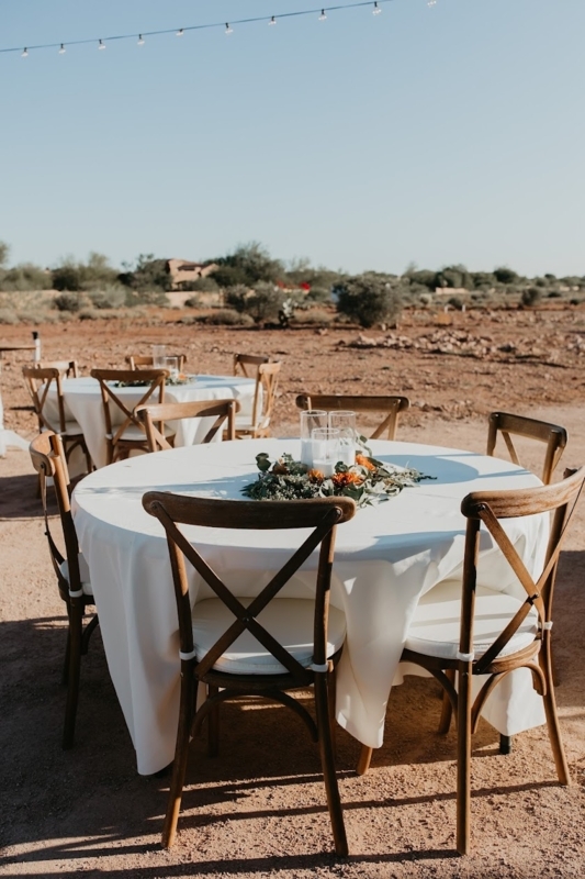 Round Dining Table Setup, Rustic Desert Chic with Floor-Length Linens