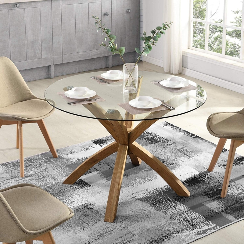 Round Dining Table Starburst Oak Base Splayed Legs Glass Scandinavian
