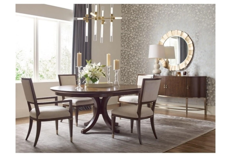 Round Dining Table Transitional Walnut Pedestal Removable Leaf