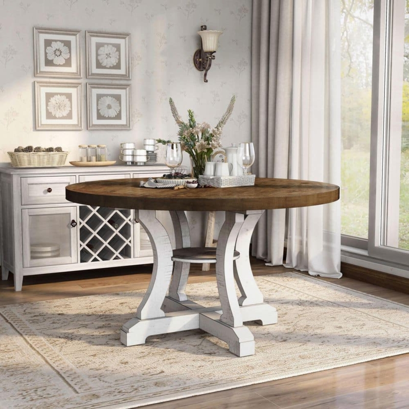 Round Dining Table: Two-Tone Pedestal Base with Lower Shelf, Farmhouse.
