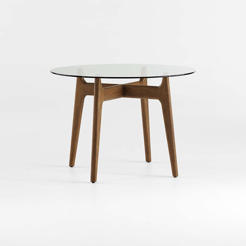 Round Dining Table Walnut X Base Tapered Legs Mid Century Glass Top