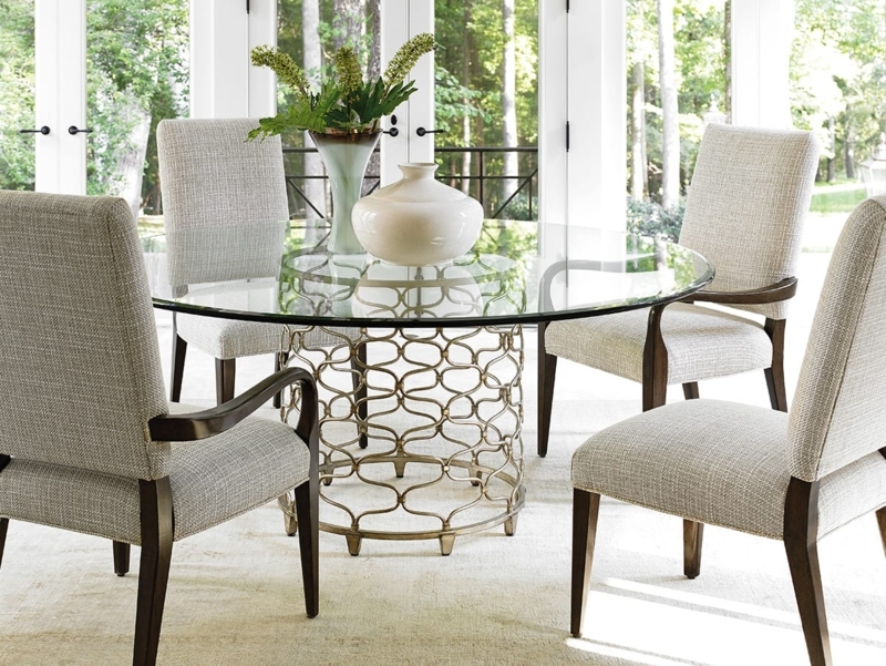 Round Dining Table with 72 Inch Glass Top & Sculptural Metal Base