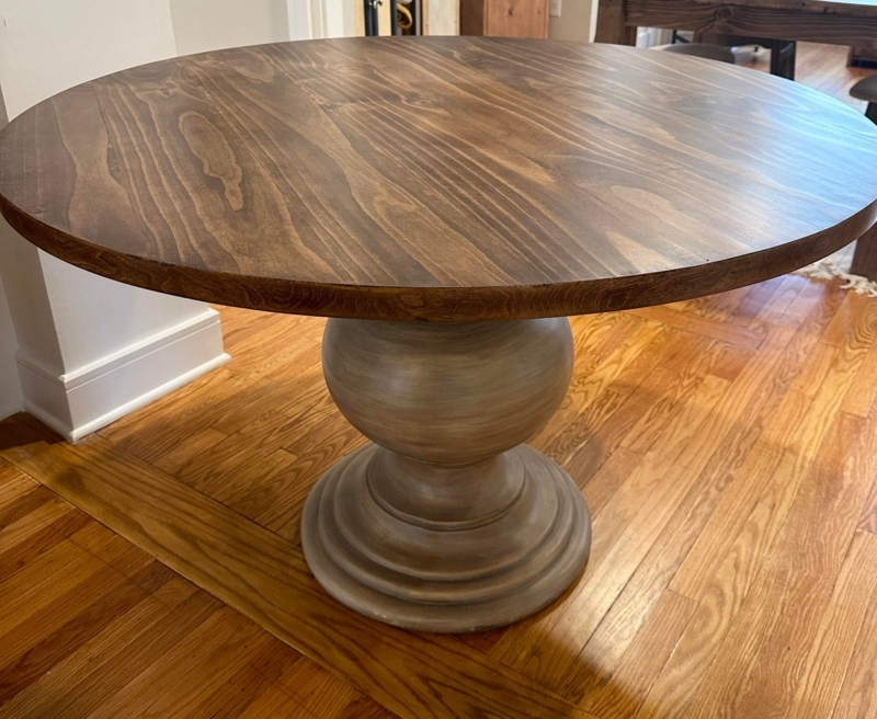 Round Dining Table with Bulbous Pedestal Weathered Grey Base Walnut Top
