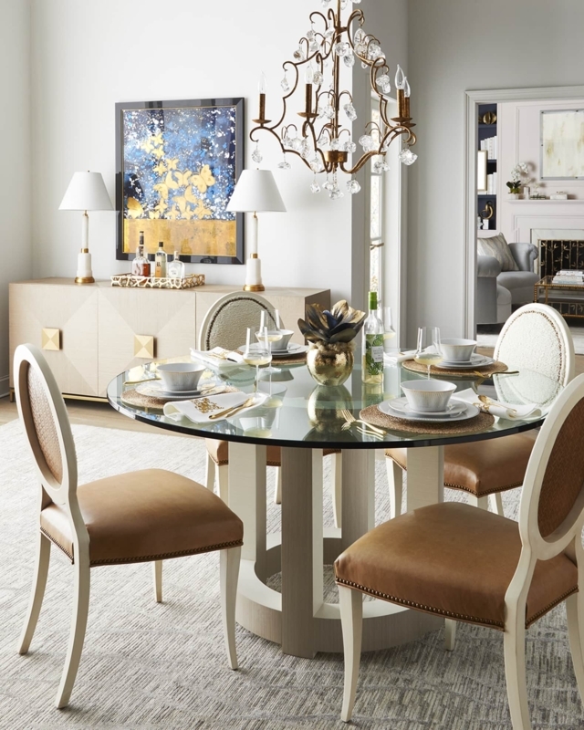 Round Dining Table with Geometric Pedestal and Cognac Chairs