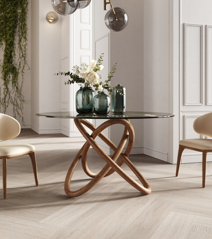 Round Dining Table with Sculptural Interlocking Loop Wood Base