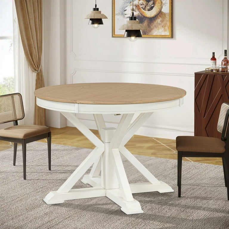 Round Dining Table with Sculptural X-Shaped Pedestal in Antique White