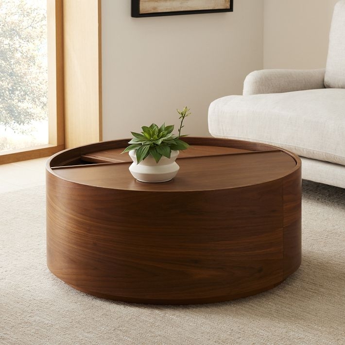Round Drum Coffee Table, Walnut Wood Grain, Split-Top Storage Feature