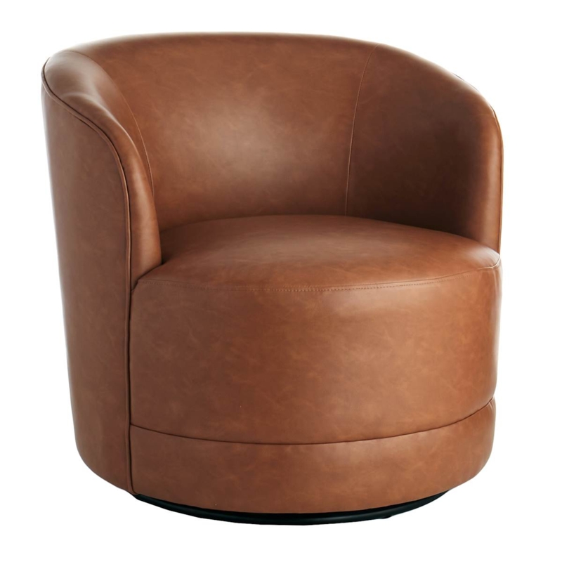 Round Drum Swivel Chair Cognac Faux Leather Padded Seat Topstitching