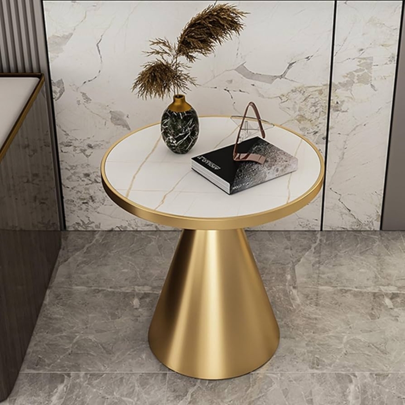 Round End Table: Gold Conical Pedestal Base, Marble Rim