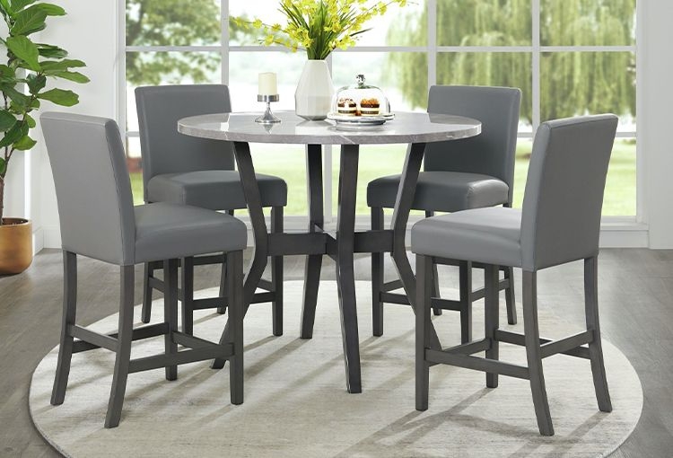 Round Faux Marble Counter Height Set with Grey Upholstered Stools