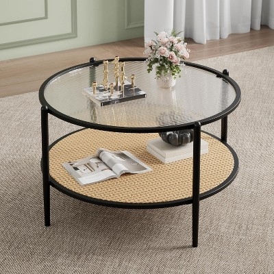 Round Fluted Glass Coffee Table Black Metal Woven Cane Shelf