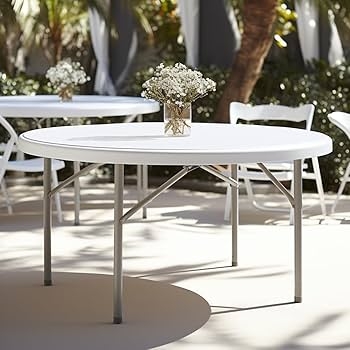 Round Folding Table, 60 Inch Granite White Plastic with Cross-Bracing
