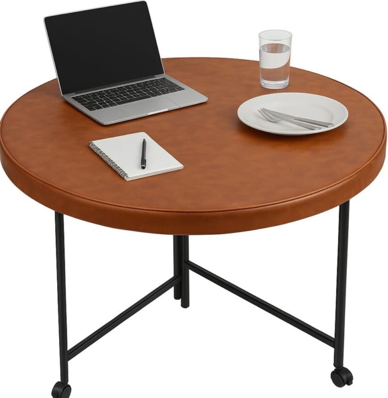 Round Folding Table, Cognac Brown Leather-Like Top with Lockable Wheels