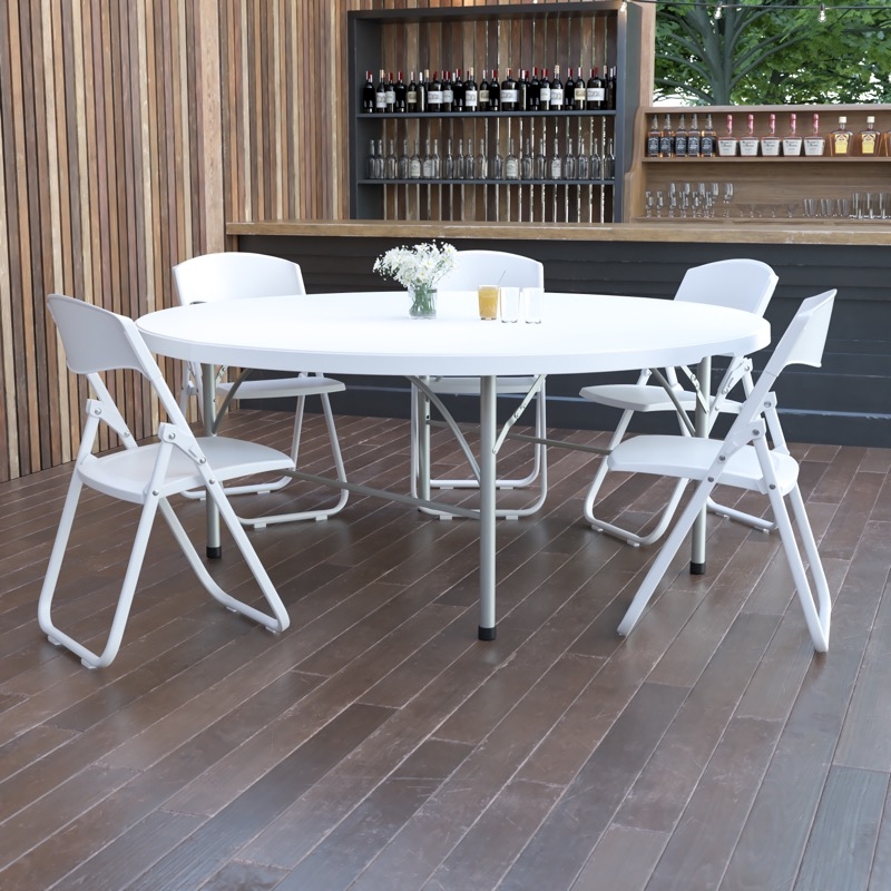 Round Folding Table Set, Stark White Plastic with 4 Matching Chairs